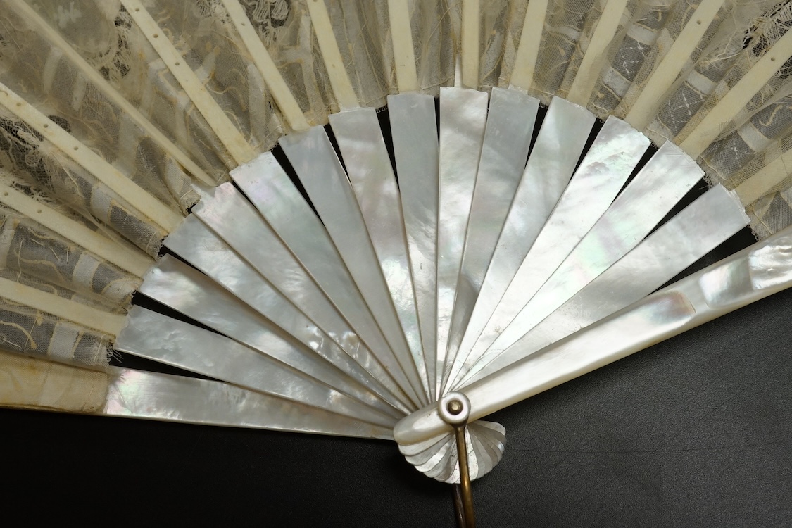 A group of 19th century fans to include a blonde tortoiseshell brisé fan, gilt decorated with sequins and a floral hand painted with figures with sequins decoration, some boxed, tortoiseshell fan 19cm high largest 36cm h